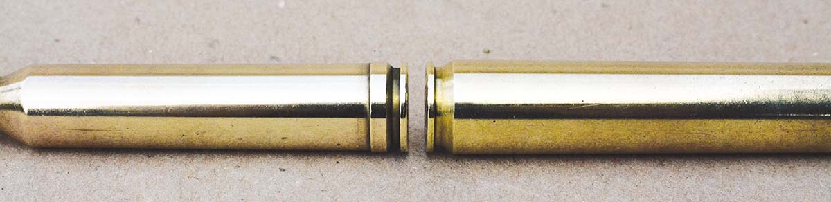 The belted magnum case is on the left, while the 300 RUM is on the right. The outside diameter of the belt is .532 inch, while the rebated rim of the 300 RUM is .534 inch, which allows both to function in the same countersunk bolt faces and simplifies rifle manufacture.